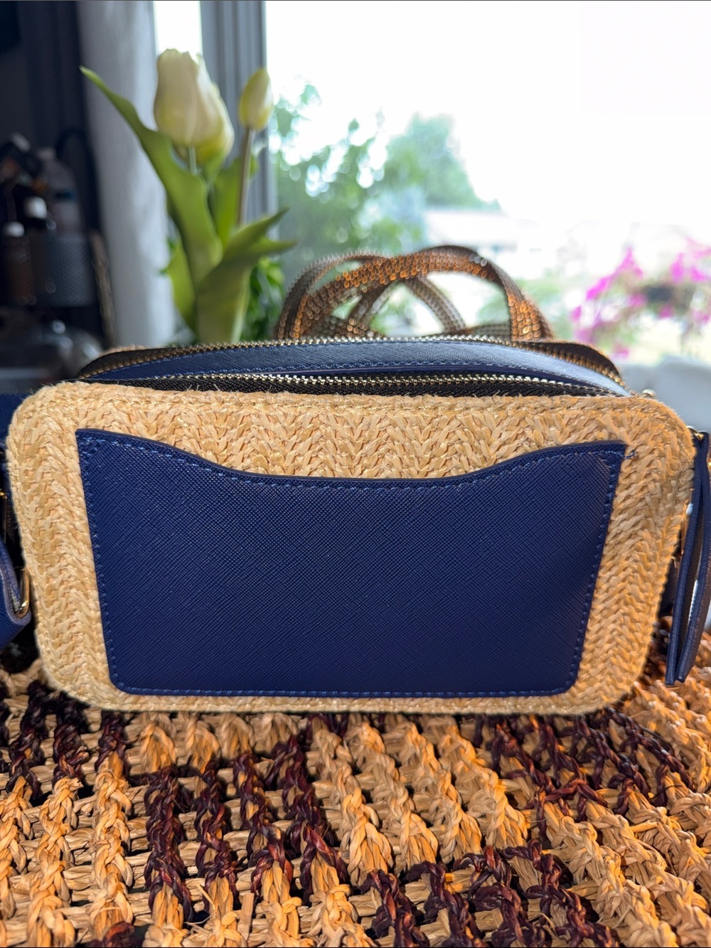 MMS Design Studio Straw Camera Crossbody Bag Navy Blue Double Zip